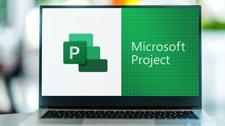 The image shows a laptop screen displaying the Microsoft Project logo, a green square with an overlapping P shape and the text "Microsoft Project" below.