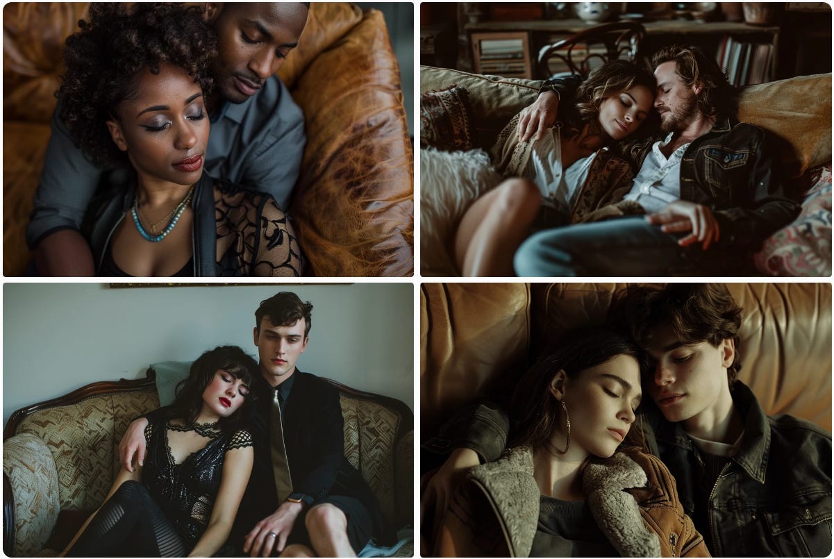 Midjourney grid of fashion photos of couples on a couch