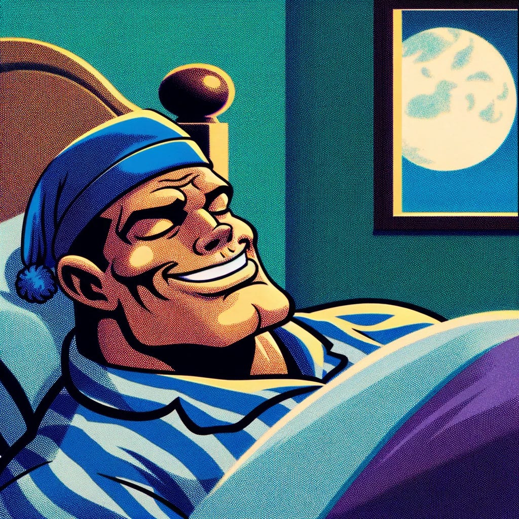 A bodybuilder wearing a night cap and pajamas, laying restfully in bed, depicted in a 90s cartoon style. He's smiling with his eyes closed, creating a peaceful and content expression. The bedroom scene is cozy, with the moon shining through the window, casting a gentle light. The style should reflect the vibrant and exaggerated characteristics typical of 90s cartoons, emphasizing the bodybuilder's muscular build in a whimsical, exaggerated manner.