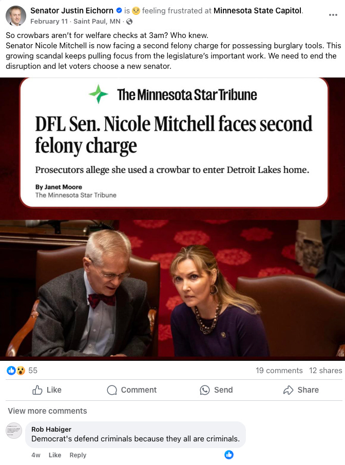 So crowbars aren’t for welfare checks at 3am? Who knew. Senator Nicole Mitchell is now facing a second felony charge for possessing burglary tools. This growing scandal keeps pulling focus from the legislature’s important work. We need to end the disruption and let voters choose a new senator.
