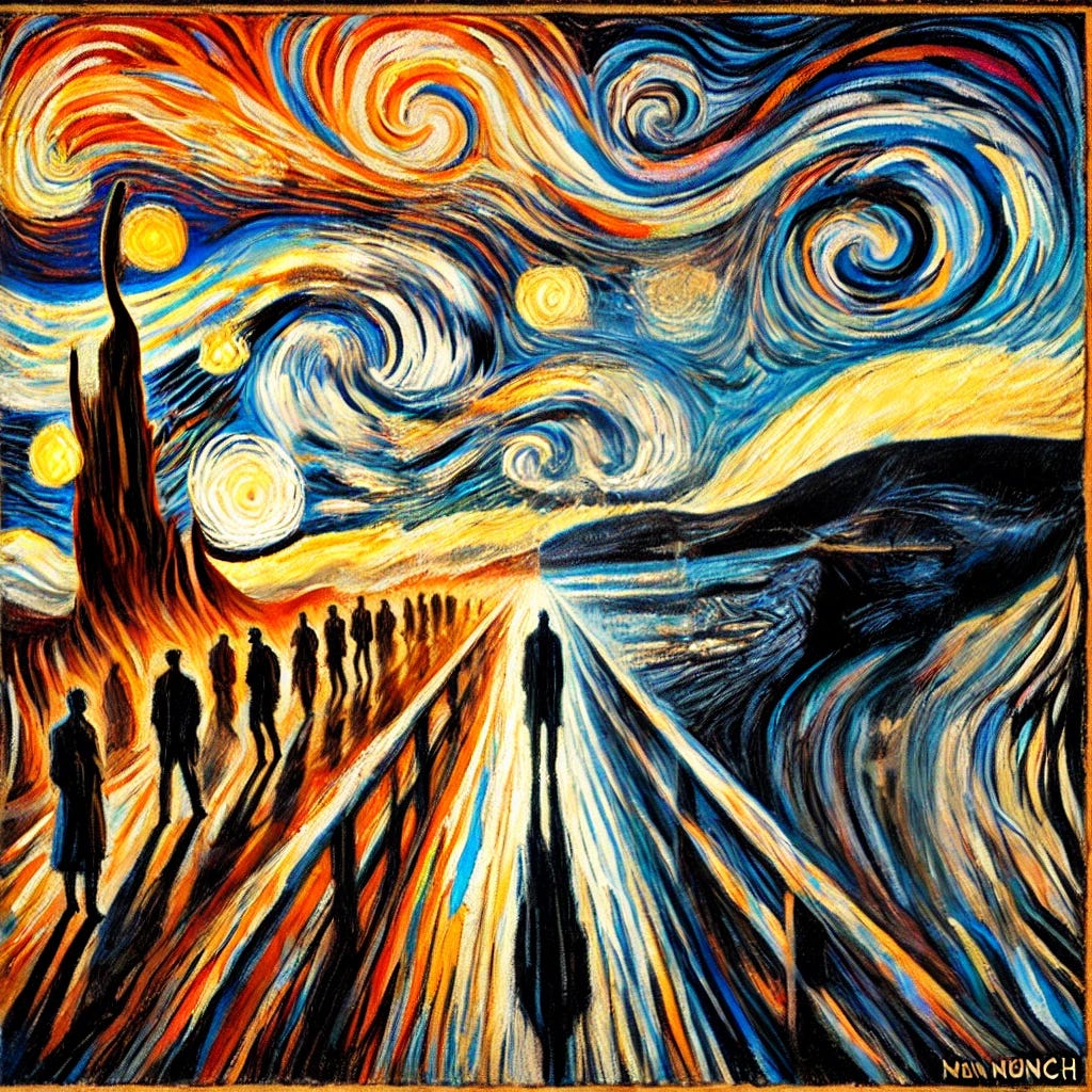 A square abstract image depicting the concept 'Bad is stronger than good.' Use bold, swirling brush strokes in vibrant, contrasting colors. The scene features a dramatic sky, figures in motion, and a sense of psychological depth. The image blends bright and dark colors to highlight the intense emotional impact of negative events compared to positive ones. The raw and intense emotion captures the essence of Munch's expressionist works.