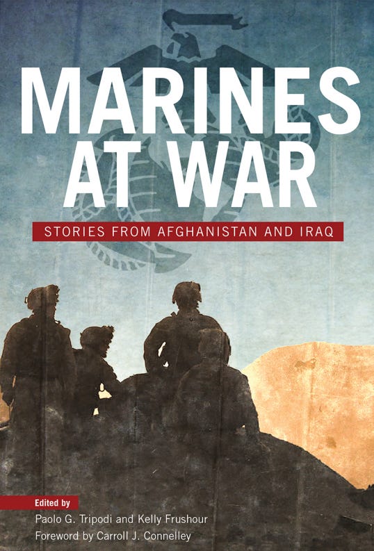 Book cover of Marines at War: Stories from Afghanistan and Iraq, featuring a silhouette of Marines on a hill against a blue and tan background, with a faint Marine Corps emblem in the sky.