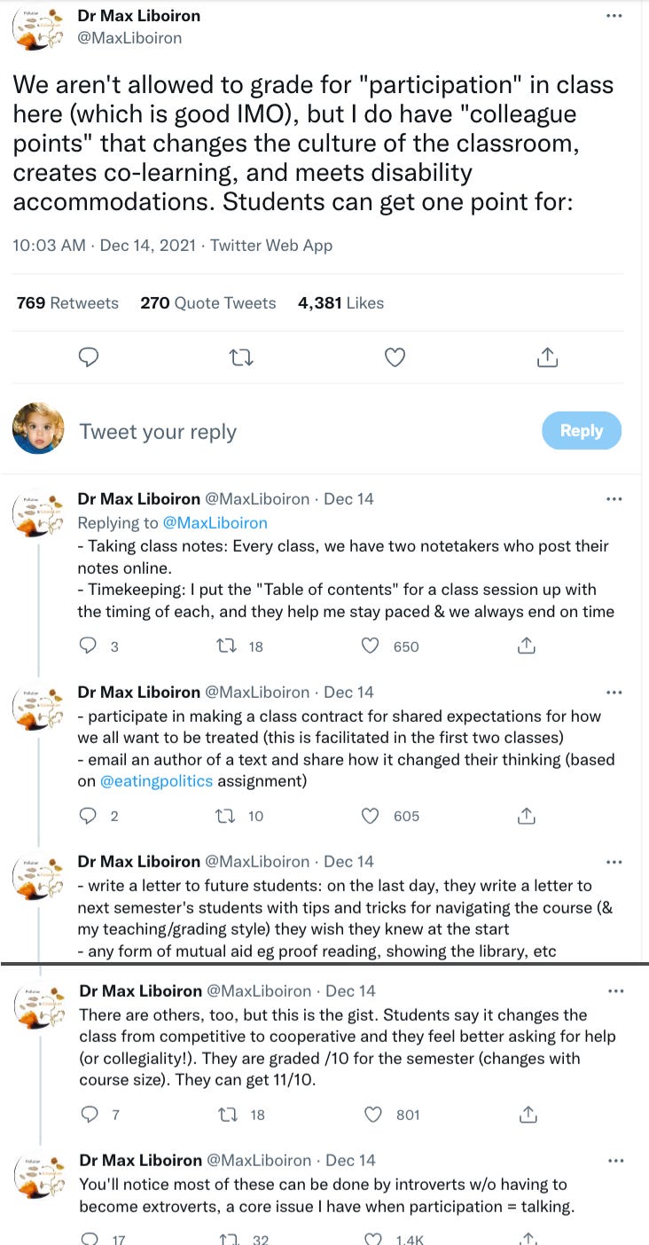 Screenshot of a tweet thread by Max Liboiron about "colleague points"