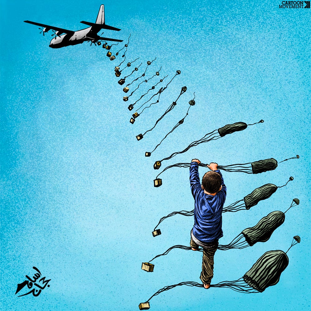 Cartoon showing an airplane dropping a line of food boxes hanging on parachutes. A small boy is using these boxes a ladder in an attempt to escape.