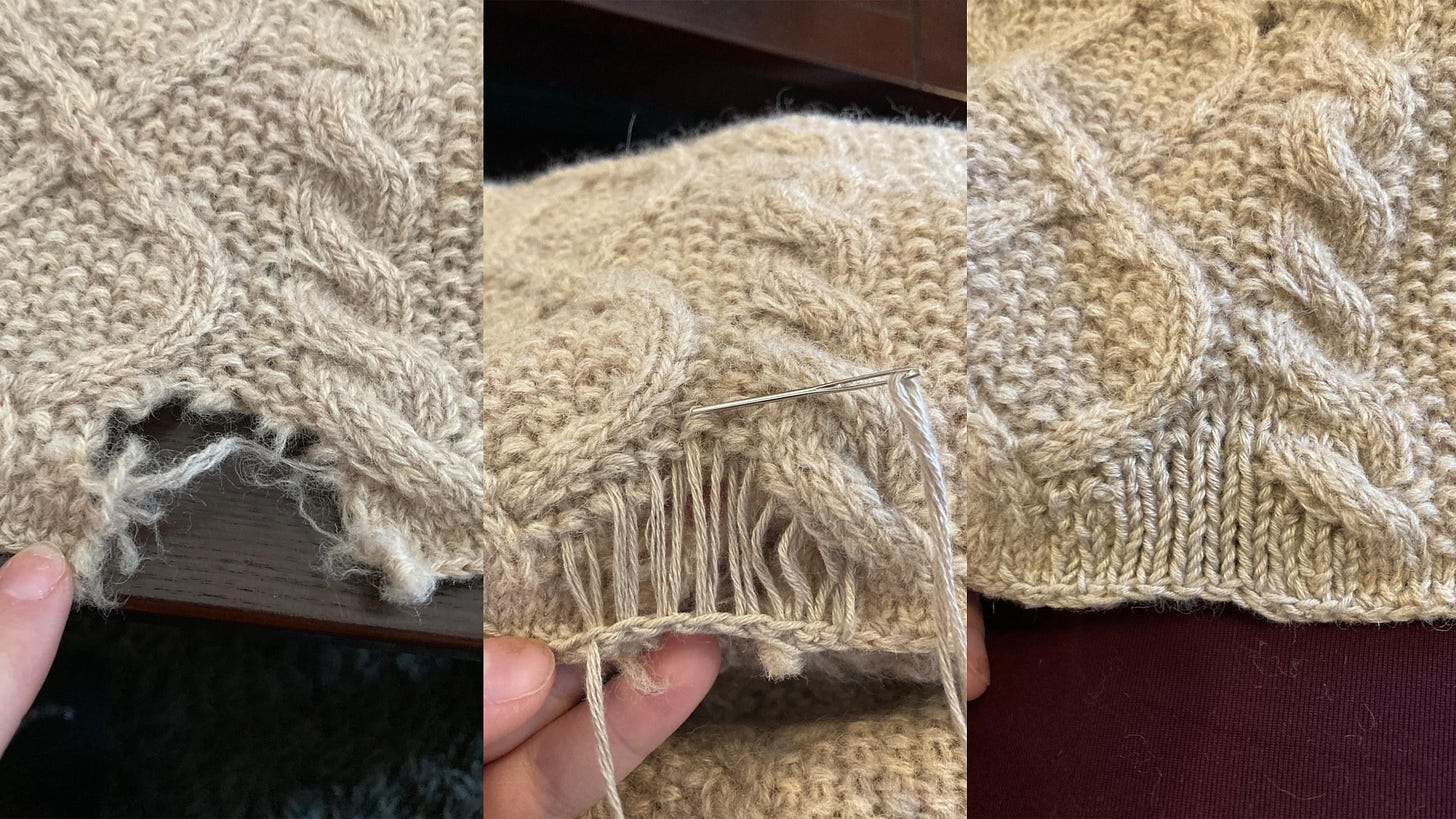 r/Visiblemending - torn edge at the base of the sweater