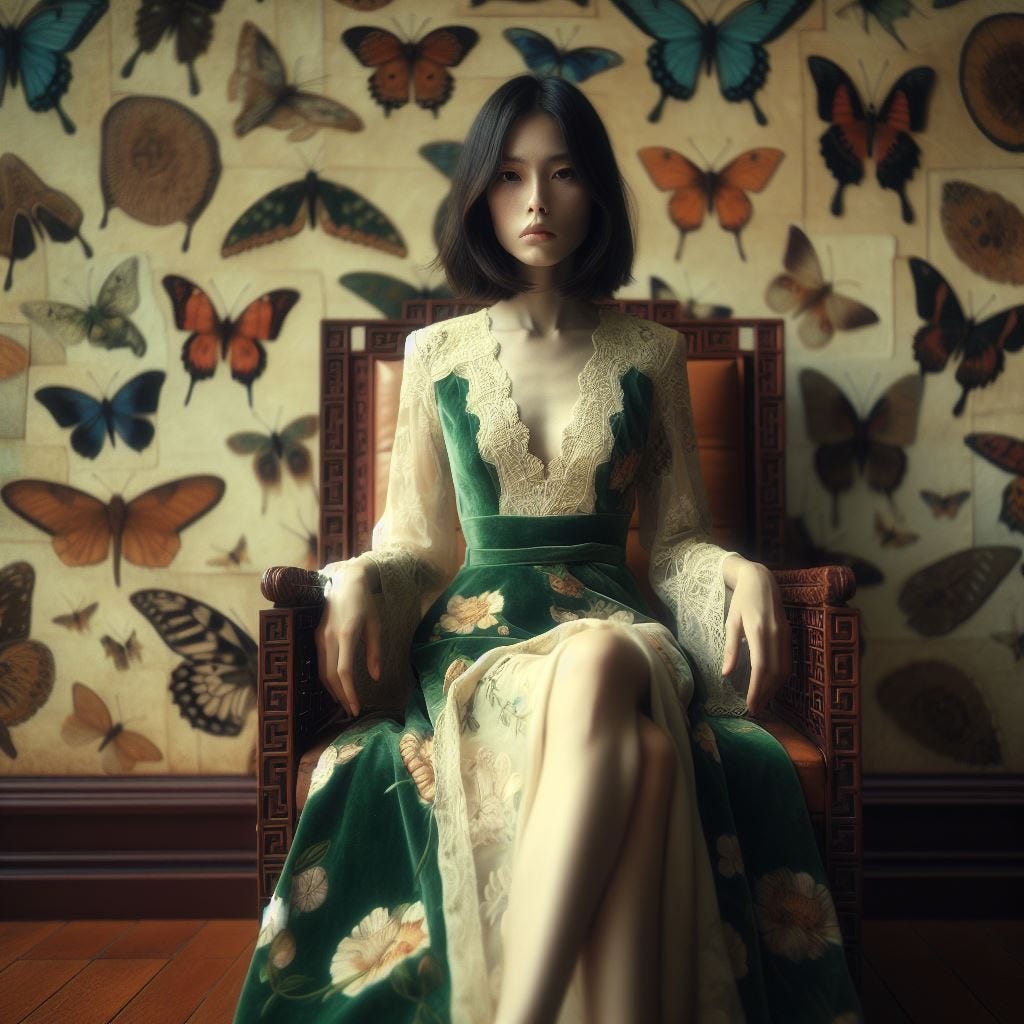 hyper realistic ;tiltshift; vast distance. dark haired woman sitting on Chinese Ming Chair dress covered in deep green velvet mariposa  pattern dress is a cream color and light cerrelean blue dress with a cream lace with a mono pattern embroidered on it.recycled leather by natalie dunham on wall. inside of Thierry Lechanteur, 1968 