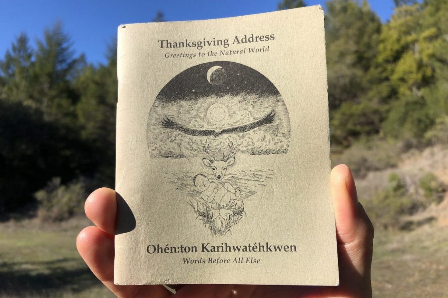 Thanksgiving Address: Greetings to the Natural World English version: John Stokes and Kanawahienton (David Benedict, Turtle Clan/Mohawk) Mohawk version: Rokwaho (Dan Thompson, Wolf Clan/Mohawk) Original inspiration: Tekaronianekon (Jake Swamp, Wolf Clan/Mohawk). 