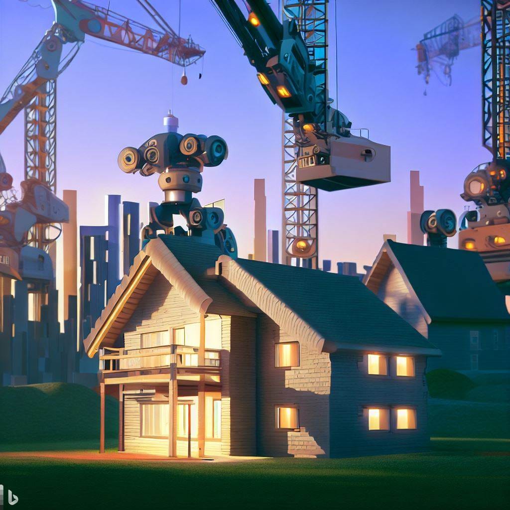 single-family homes, robots constructing apartment building, 2050