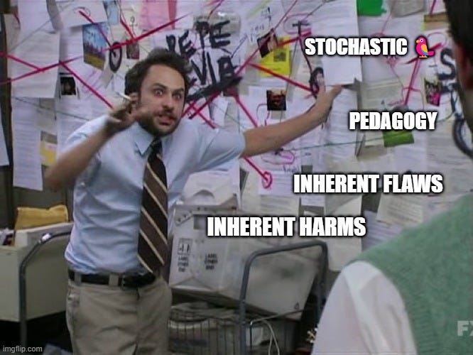 Charlie Kelly of It's Always Sunny In Philadelphia explaining a conspiracy in front of a cork board. The words "Pedagogy," "Stochastic Parrots," "Inherent Harms," and "Inherent Flaws" have been added to the cork board.