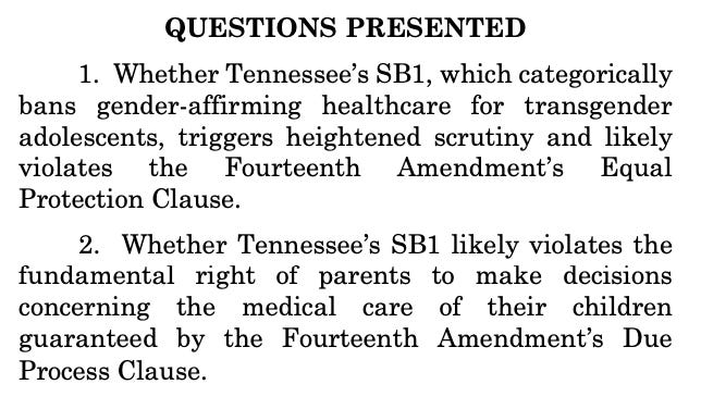  QUESTIONS PRESENTED 1. Whether Tennessee’s SB1, which categorically bans gender-affirming healthcare for transgender adolescents, triggers heightened scrutiny and likely violates the Fourteenth Amendment’s Equal Protection Clause. 2. Whether Tennessee’s SB1 likely violates the fundamental right of parents to make decisions concerning the medical care of their children guaranteed by the Fourteenth Amendment’s Due Process Clause.