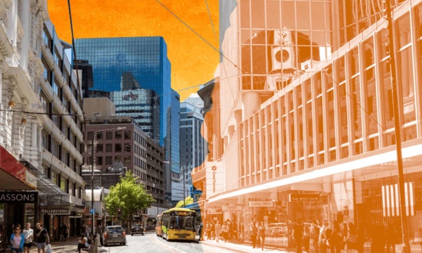 "Street view of Wellington's Golden Mile project, featuring a busy urban scene with shops, pedestrians, and a tram, overlaid with an orange hue on the right side of the image."