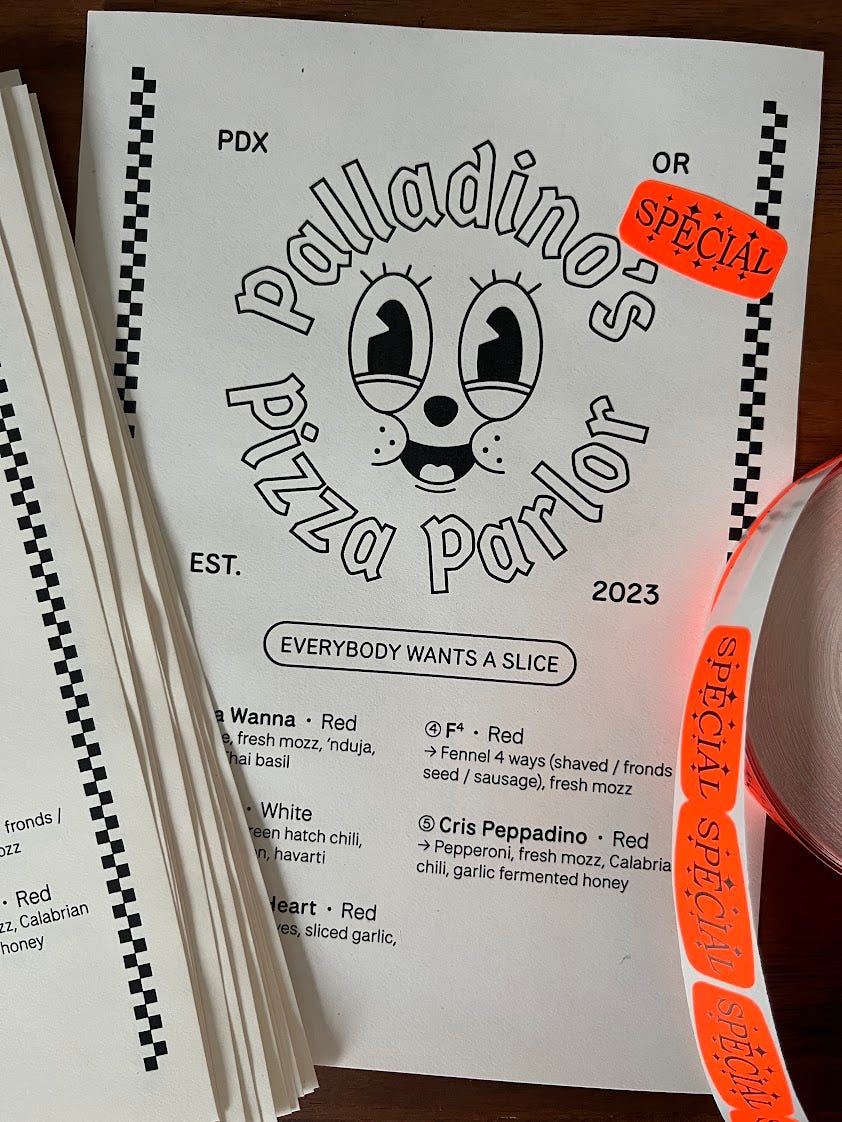 Palladino's Pizza Parlor, a printed menu of 5 different pizzas