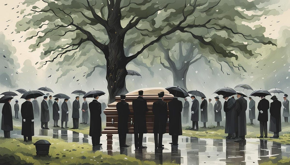 Funeral at graveside, rainy day