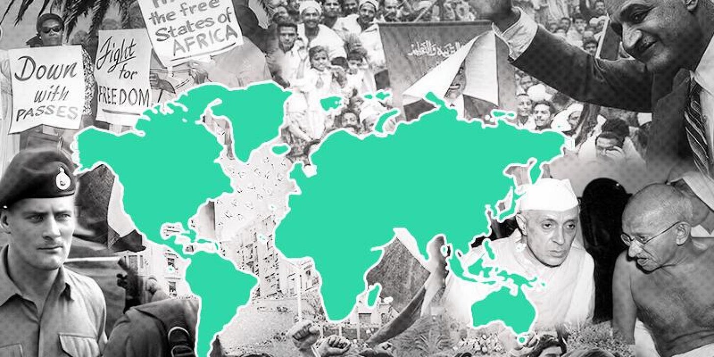 Poster for Martin Thomas's forthcoming lecture on decolonisation. The poster depicts a green monochrome map of the world overlaid onto black-and-white pictures depicting key scenes from the history of anti-colonial protests.
