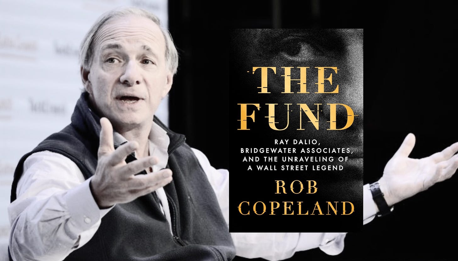 A photograph of Ray Dalio speaking and the cover of Rob Copeland's THE FUND.