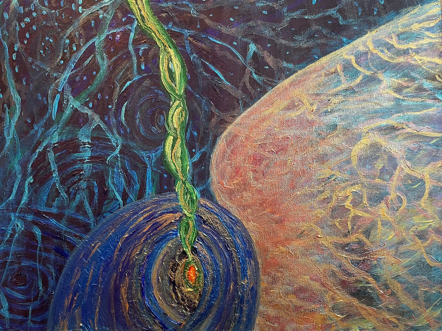 painting with background of cosmic spirals and webs, a vaguely human shape glowing with luminous threads, and a seed at the center with a vine sprouting from it like dna.