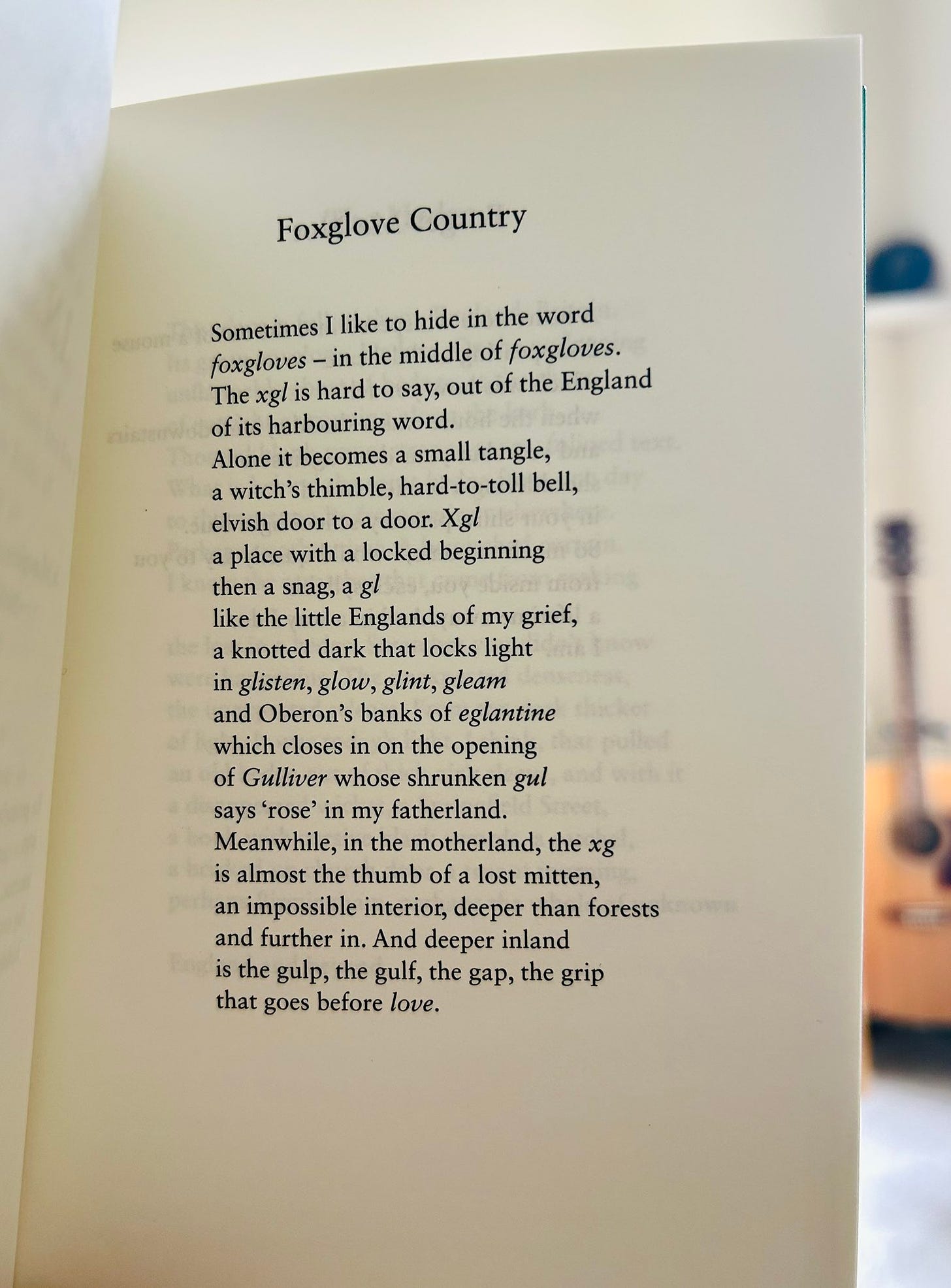 A page from England’s Green is held open. Out of focus in the background is a room with some objects like artwork and a guitar.