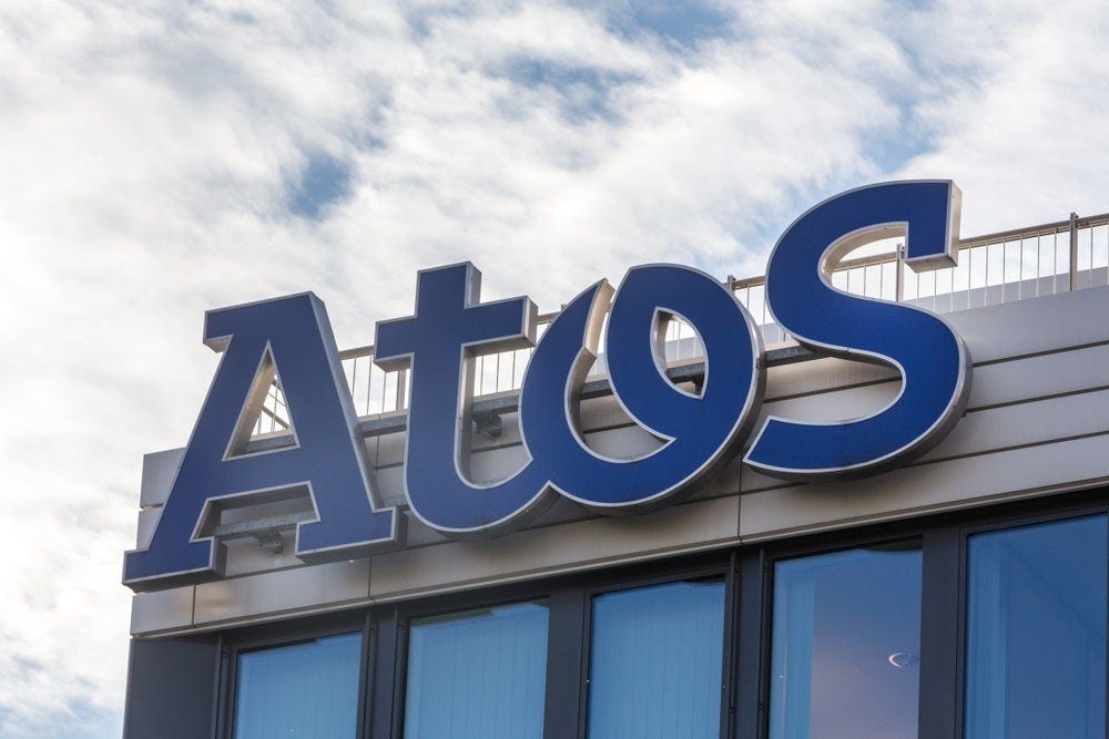 The Atos logo on an office building, used to illustrate a story about Credit Agricole withdrawing from a deal to refinance Atos' debts.
