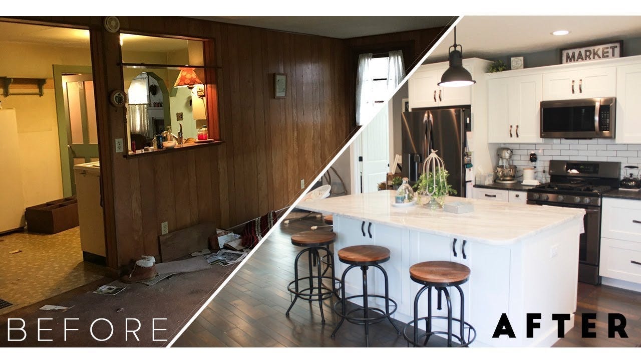 This is a “before and after” photo of the interior of a house before and after it was remodelled.