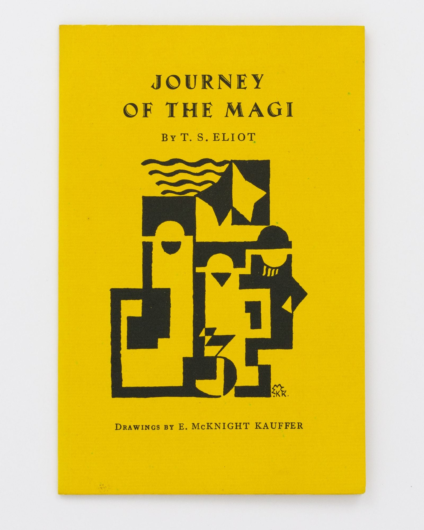 Yellow cover of first edition of T.S. Eliot, Journey of the Magi, with abstract black design