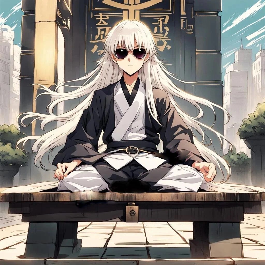 Young Feminine Looking Japanese Youth with Sunglasses and Long White Hair Sitting on a Wooden Stool Cross-Legged