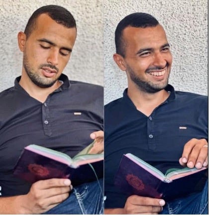 Two images of the same man reading from a book.