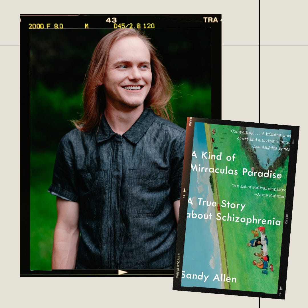 author photo for Sandy Ernest Allen, who is a trans guy with blonde shoulder-length hair, and the cover of his book, A Kind of Mirraculas Paradise