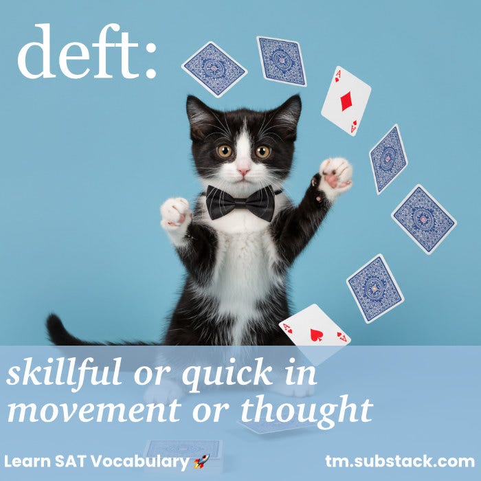 Illustration of a cute kitten performing a magic trick with playing cards; used to illustrate the SAT word 'deft'.