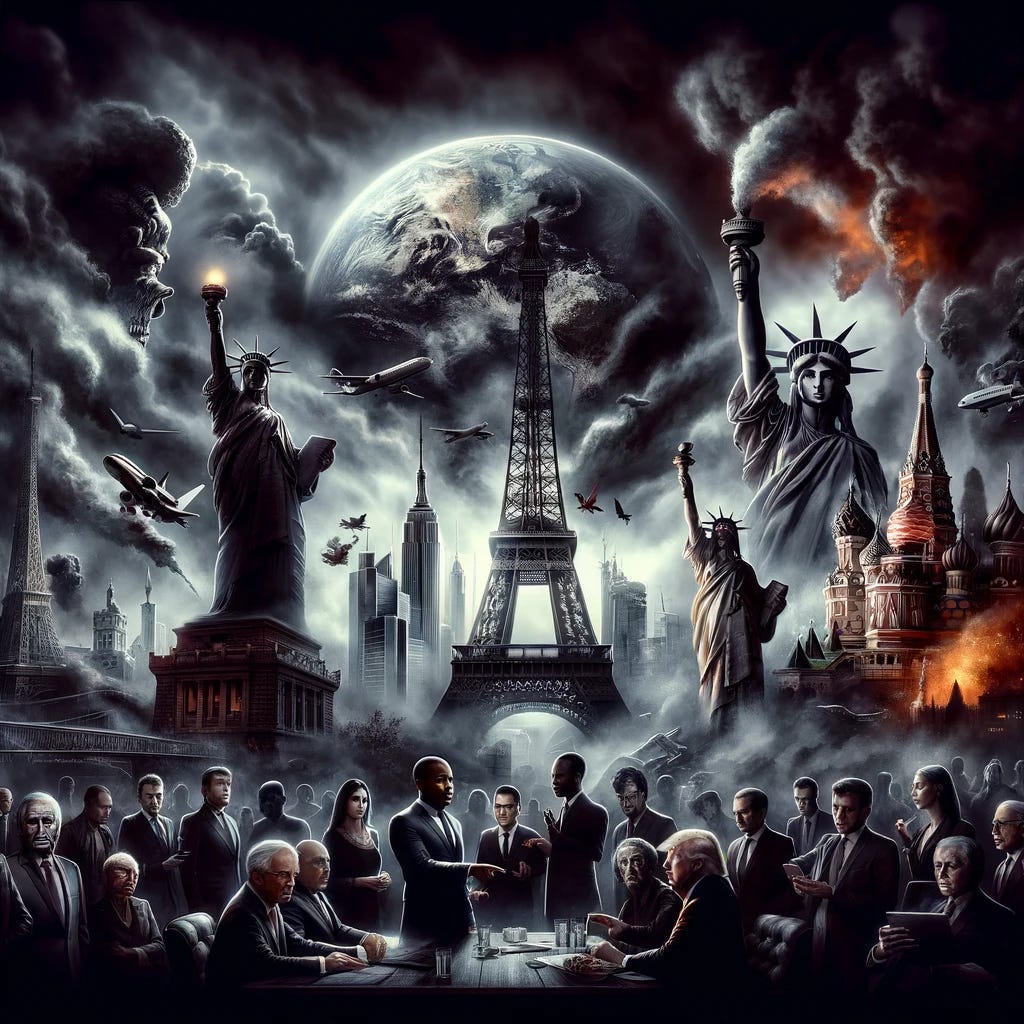 A dramatic and dark illustration depicting a futuristic world in chaos as described by Mark Jones. The scene shows major global landmarks in disarray: the Eiffel Tower, the Statue of Liberty, and the Kremlin, all partially obscured by smoke and chaos. In the foreground, a group of diverse global leaders appear confused and alarmed, symbolizing the disarray in international politics. The atmosphere is tense and ominous, with dark clouds and a sense of impending doom to reflect the geopolitical instability and the dramatic consequences of disinformation and political upheaval.