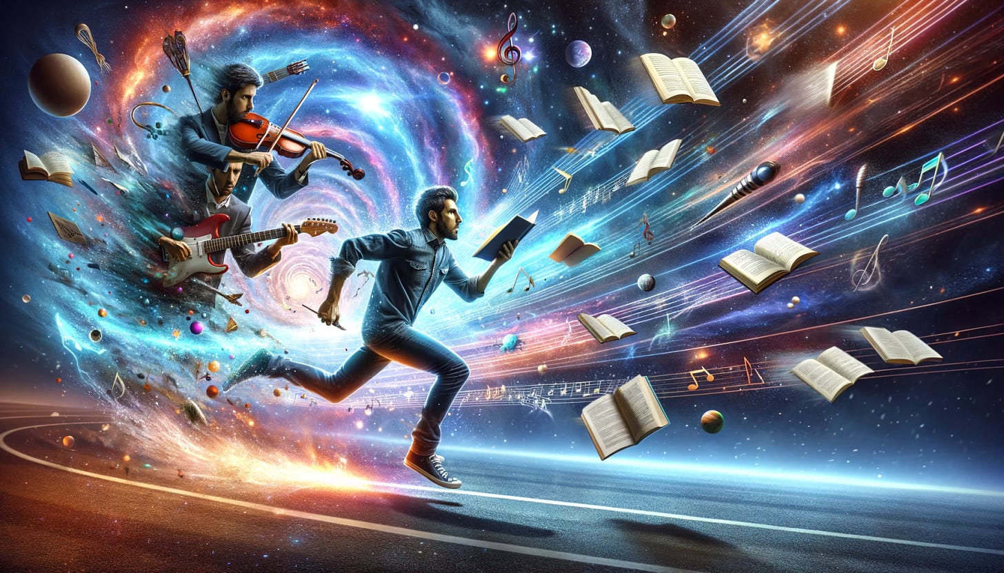 A man running at lightning speed through space, with a trail of stars and galaxies behind him. He is simultaneously playing multiple musical instruments and reading books. The scene is dynamic and surreal, with vivid colors and a sense of motion. The man appears focused and determined, with musical notes and book pages floating around him in a whirlwind of activity.