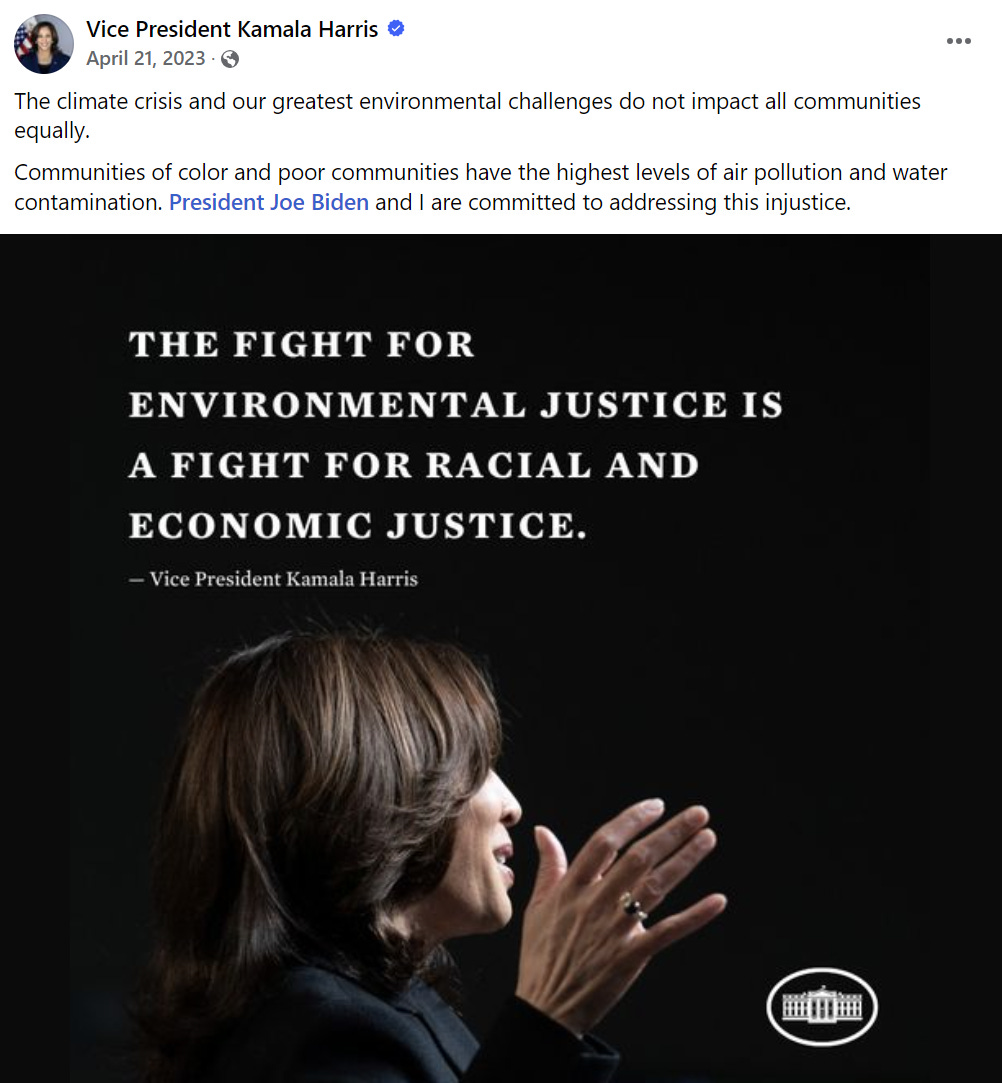 "The fight for environmental justice is a fight for racial and economic justice." - Kamala Harris