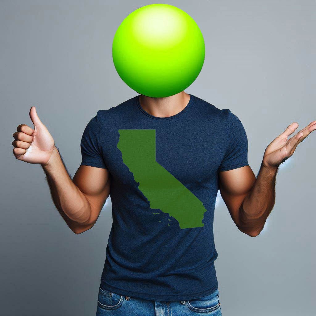 man in a California t-shirt shrugging but also showing a thumbs-up