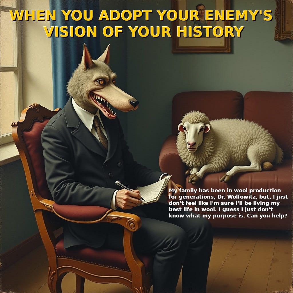 From Gab.ai a wolf psychiatrist with a sheep patient who is asking the good Dr to help her find a purpose in life. Title says: When you adopt your enemy's vision of your history