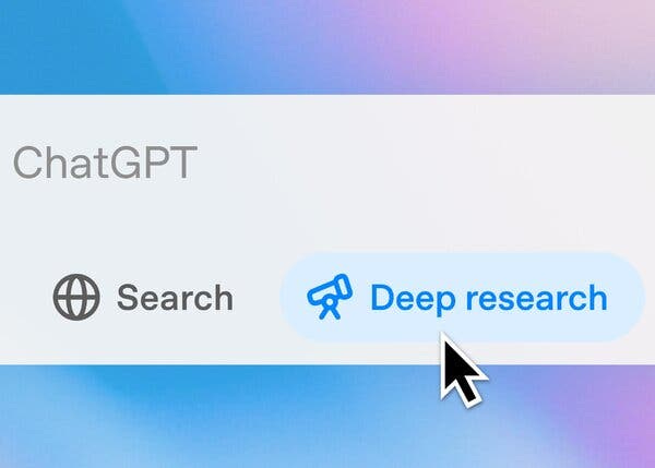 A dialogue box for ChatGPT with a mouse cursor hovering over the “Deep Research” option.