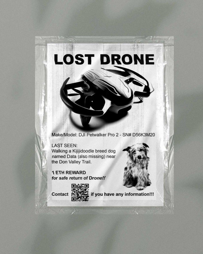 A lost dog poster, but instead of a dog, it’s for a lost drone. The dog is also mentioned as missing, but the reward is only for the drone.