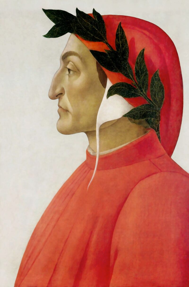 head-and-chest side portrait of Dante in red and white coat and cowl