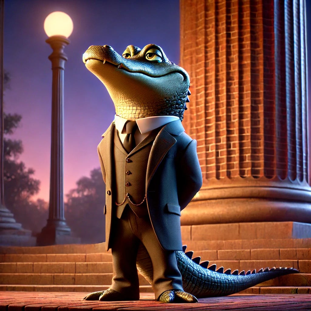 A solemn, small, anthropomorphic gator dressed in a sharp, classic suit reminiscent of a statesman. The gator, known as Croaky, stands confidently at the base of a towering brick monument symbolizing legacy and endurance, surrounded by a serene, twilight background. The scene evokes a mix of nostalgia and gravitas, with the gator looking upward toward the monument with a reflective expression, signifying respect and accomplishment. The style is Pixar-Disney, with no text or writing included.