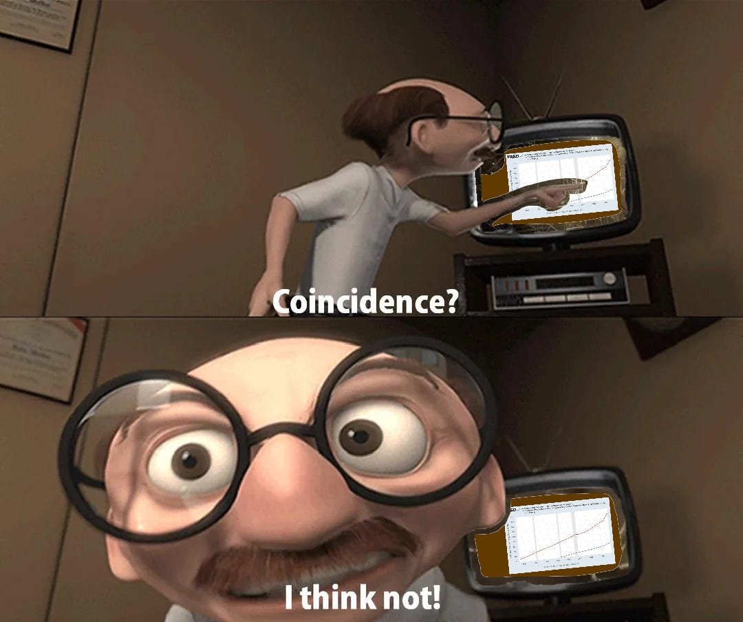 Meme of a scene from The Incredibles when Dash’s teacher is presenting his evidence of Dash’s dastardly deeds, but no one else sees it, exclaiming: “Coincidence? — I think not!”