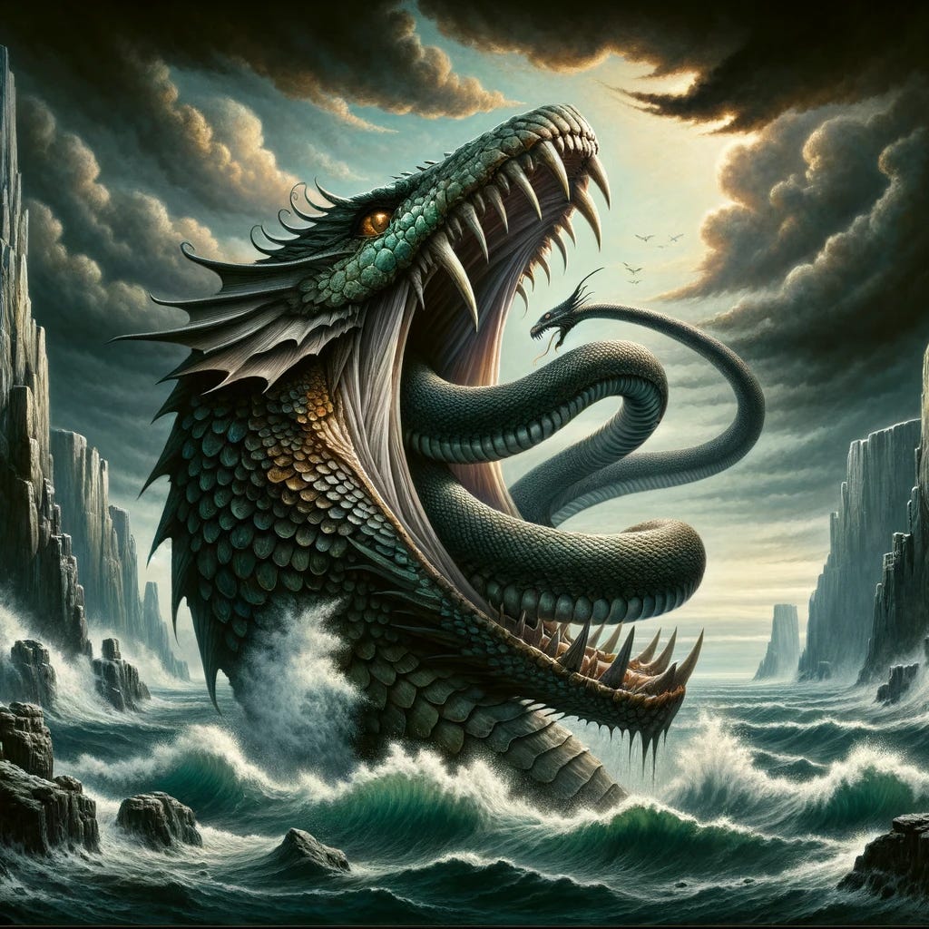 An intense Norse mythology scene featuring Jörmungandr, the Midgard Serpent, with its tail deeply inserted into its mouth, almost reaching the throat. The scene is set in a mystical Norse backdrop with rugged cliffs, a roiling sea under a stormy sky, rendered in a style evocative of Viking art. The serpent is colossal, with its tail significantly deep in its mouth, portraying the concept of Ouroboros vividly. The scales should be intricately detailed, and its expression fierce, capturing the mythic power of this legendary creature. This image should strongly convey the theme of infinity and the cyclic nature of life in Norse mythology.