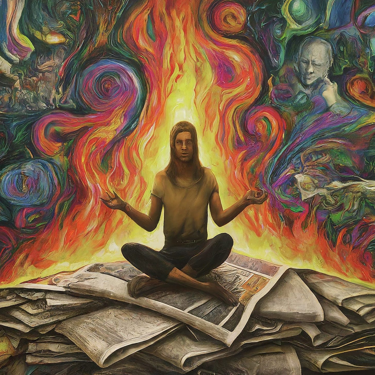 Psychedelic style image with a man meditating on a large pile of papers, with a fire in the background