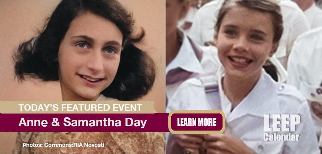 Anne Frank's 1940 passport photo and Samantha Smith in the Soviet Union, 1983. Images Creative Commons