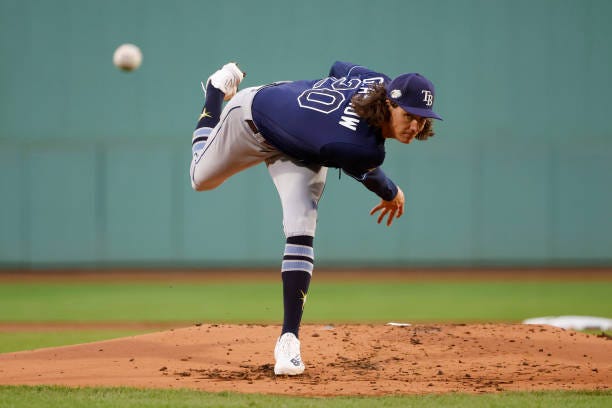 Tyler Glasnow of the Tampa Bay Rays pitches against the Boston Red Sox during the first inning at Fenway Park on September 27, 2023 in Boston,...