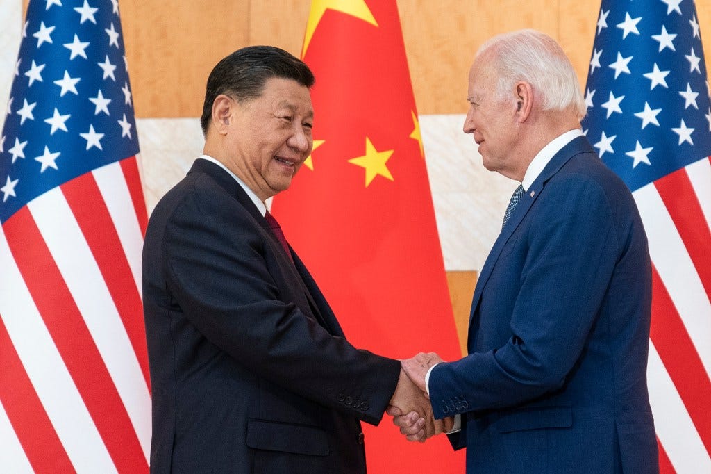 FILE - U.S. President Joe Biden, right, and Chinese President Xi Jinping shake hands before a meeting on the sidelines of the G20 summit meeting on Nov. 14, 2022, in Bali, Indonesia. Biden and Xi will hold a long-anticipated meeting Wednesday in the San Francisco Bay area. That's according to two senior Biden administration officials.  