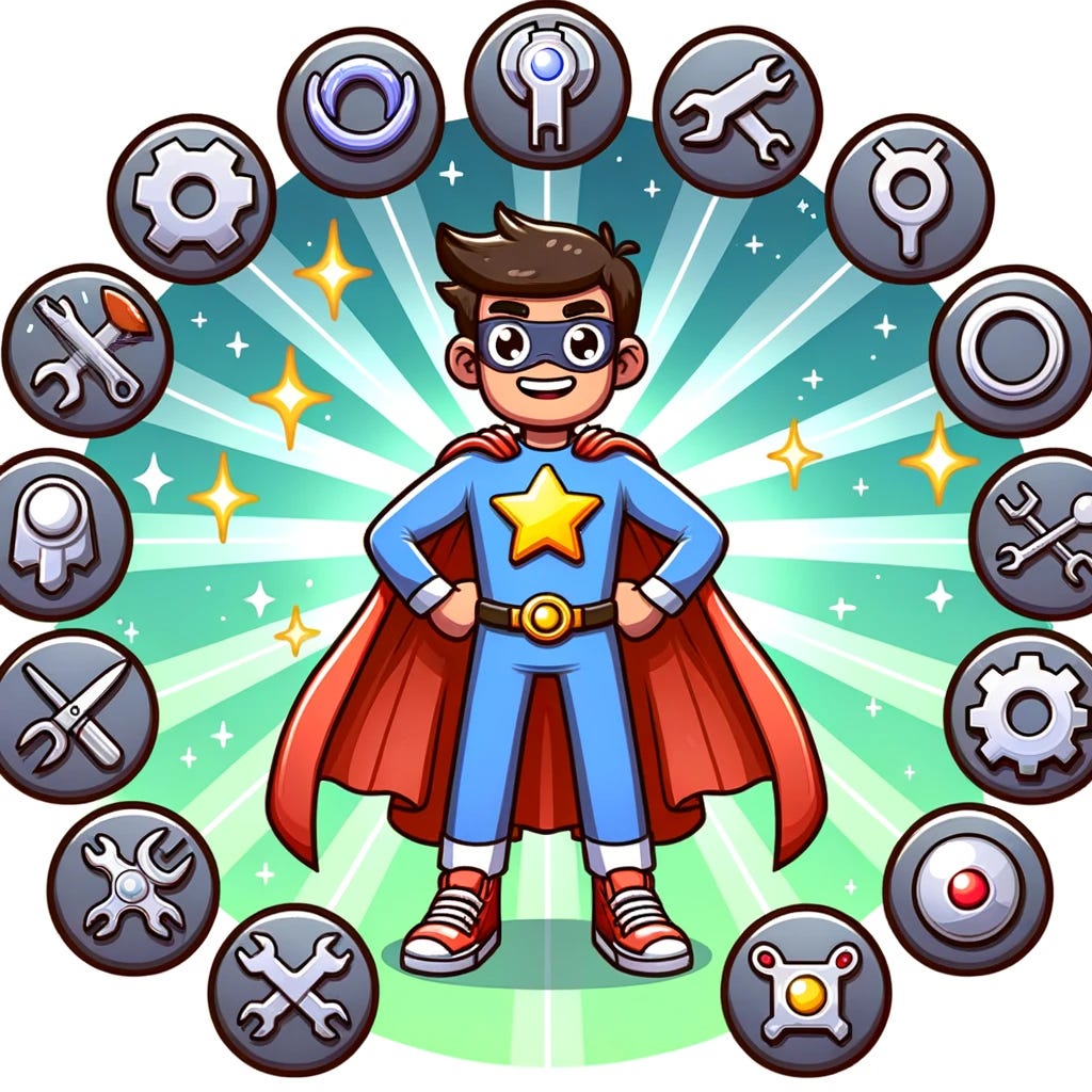 Cartoon style representation where a developer relations superhero, with a gleaming emblem, stands proudly in the midst. Ten varied developer relations tools, each with a unique look, surround the superhero. The image contains no textual elements.