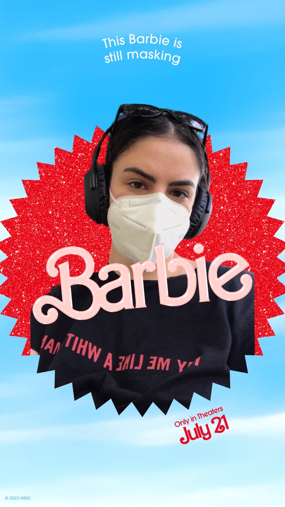 Shareable content for promo of Barbie movie 2023 - Includes photo of Rimu wearing black headphone and a white N95 with the the text 'this barbie is still masking'