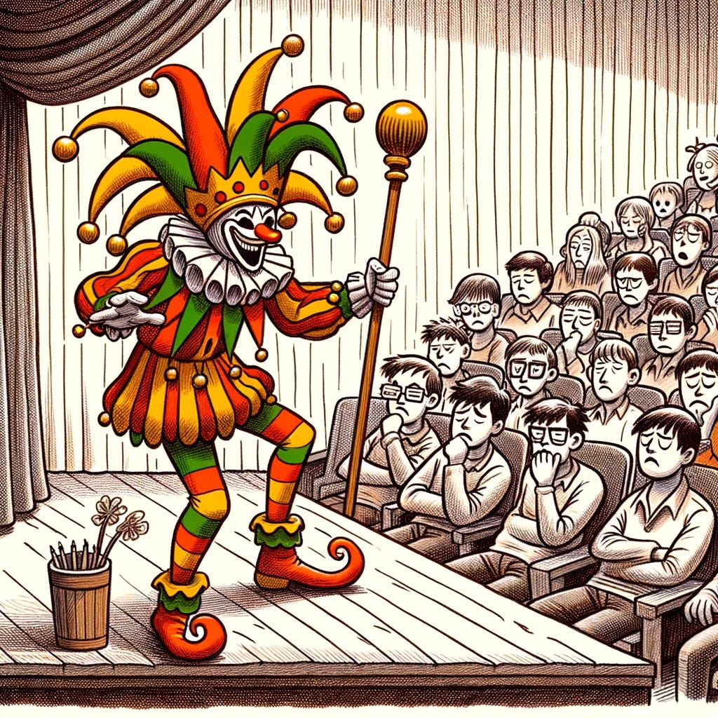 A jester performing in front of unimpressed theatre students