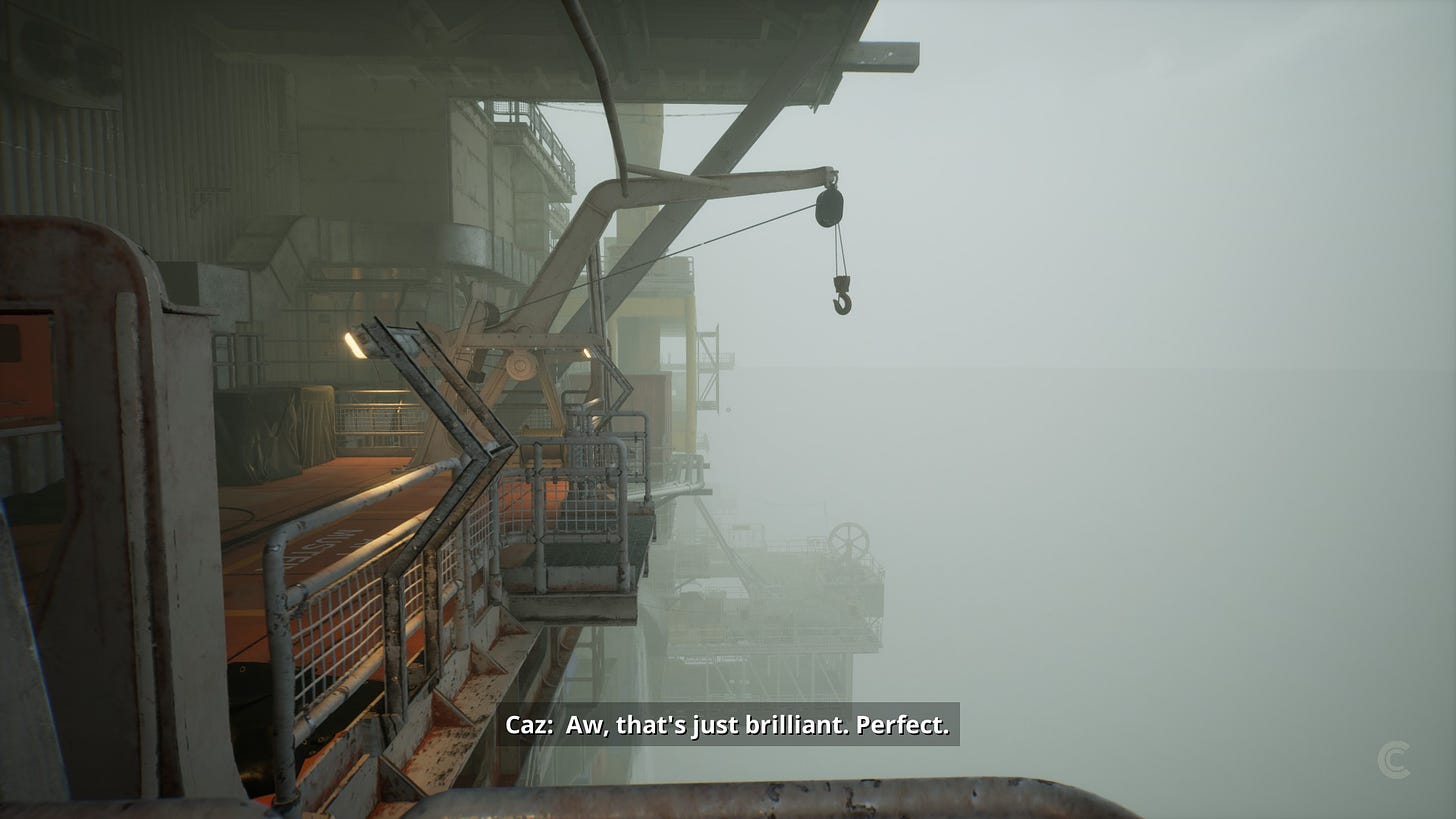 An empty life boat dock. The subtitle shows Caz saying "Aw, that's just brilliant. Perfect."
