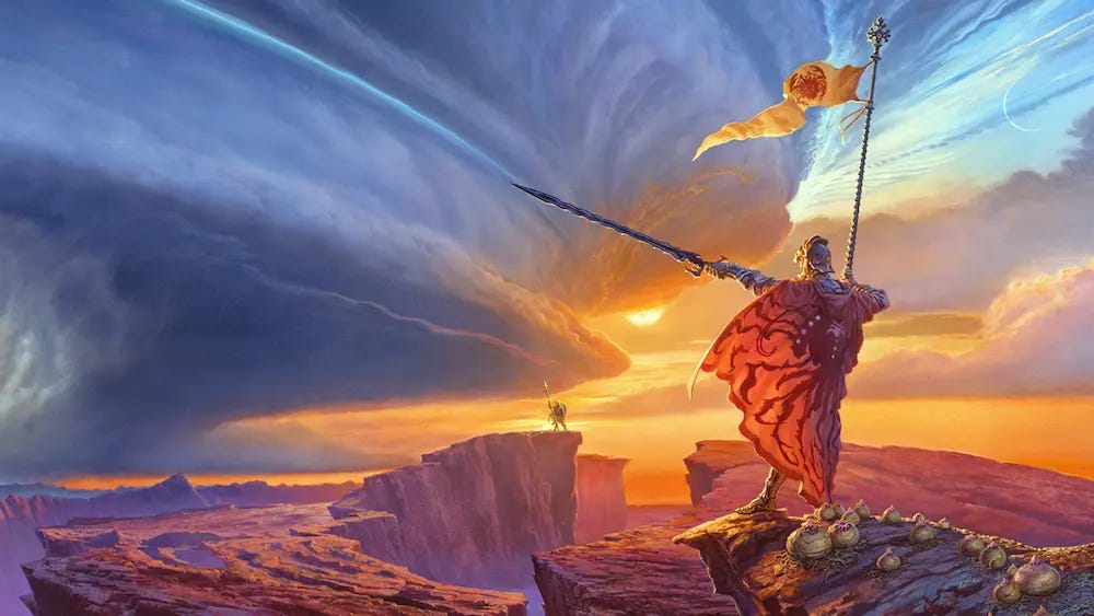 Artwork depicting a figure in armor holding a sword staring out over a desert landscape with a storm in the distance