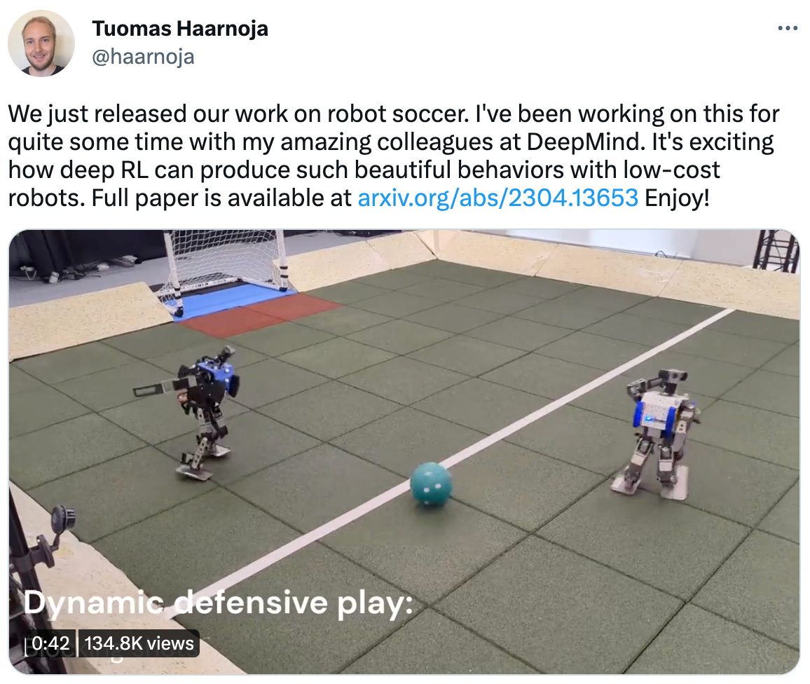  Tuomas Haarnoja @haarnoja We just released our work on robot soccer. I've been working on this for quite some time with my amazing colleagues at DeepMind. It's exciting how deep RL can produce such beautiful behaviors with low-cost robots. Full paper is available at https://arxiv.org/abs/2304.13653 Enjoy!