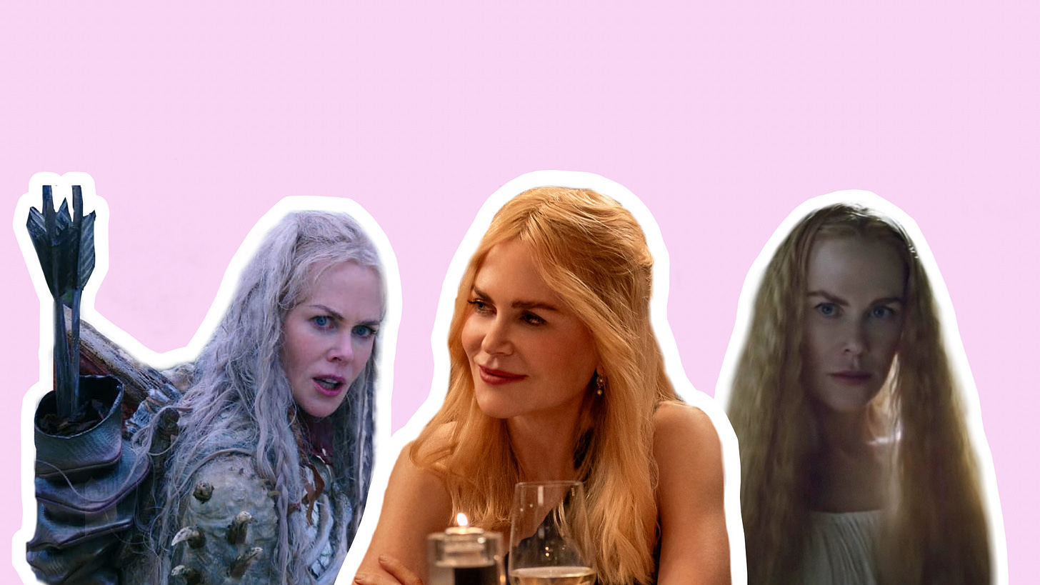 Stills of Nicole Kidman in Aquaman, A Family Affair, and The Northman organized left to right against a pastel pink backdrop